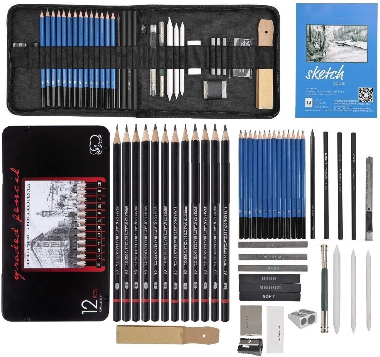 Sketching Pencil Kit 45 Pcs Professional Graphite Charcoal Sketch & Drawing Kit-image-45