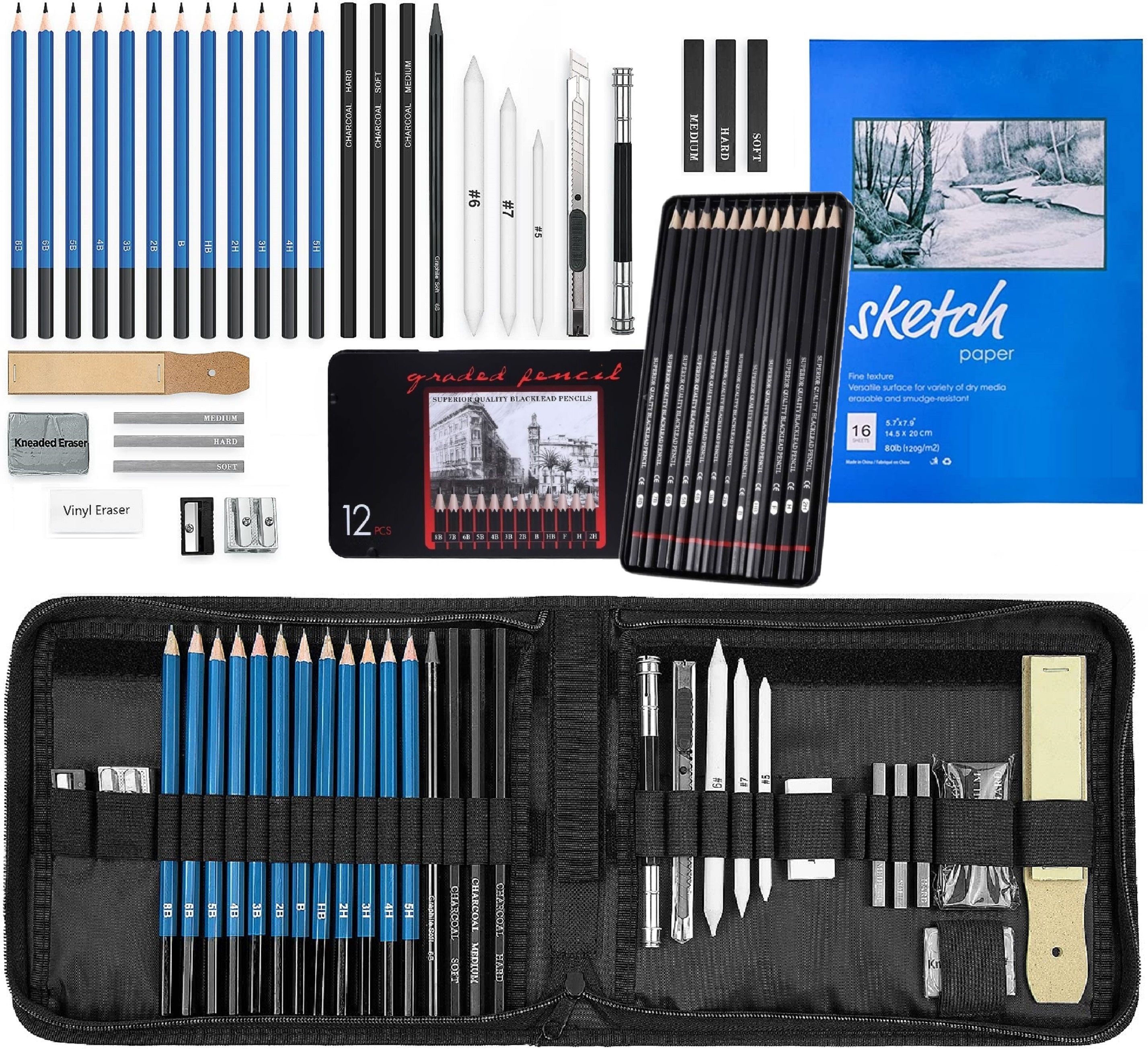 47 Pieces Pencil Kit Drawing Pencils for Artists Sketch Pencil Sketching Tools-image-13