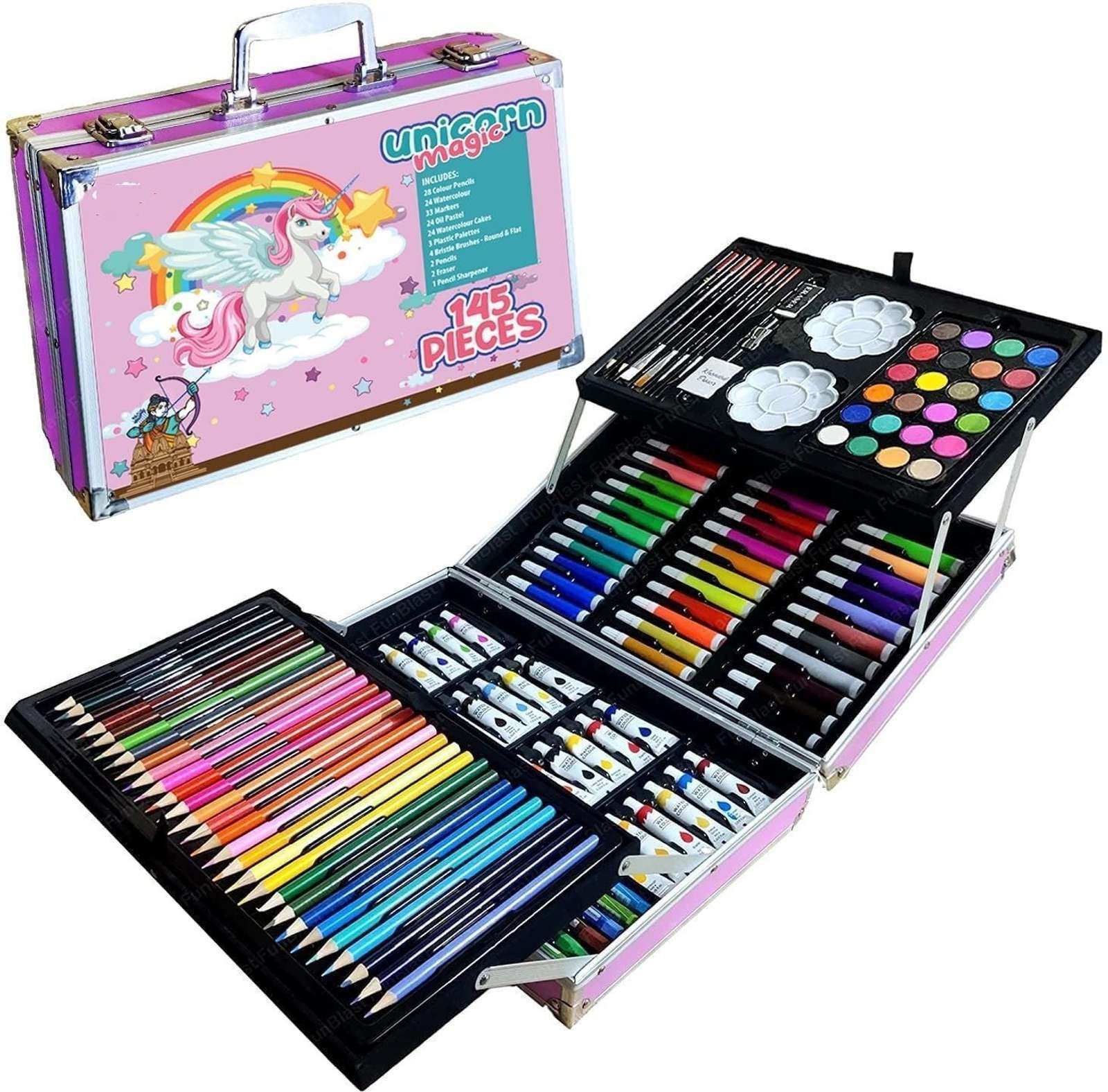romj Unicorn Art Set for Kids, 145 Pieces Drawing Kit, Oil Pastels, Paint Brushes-picture-45