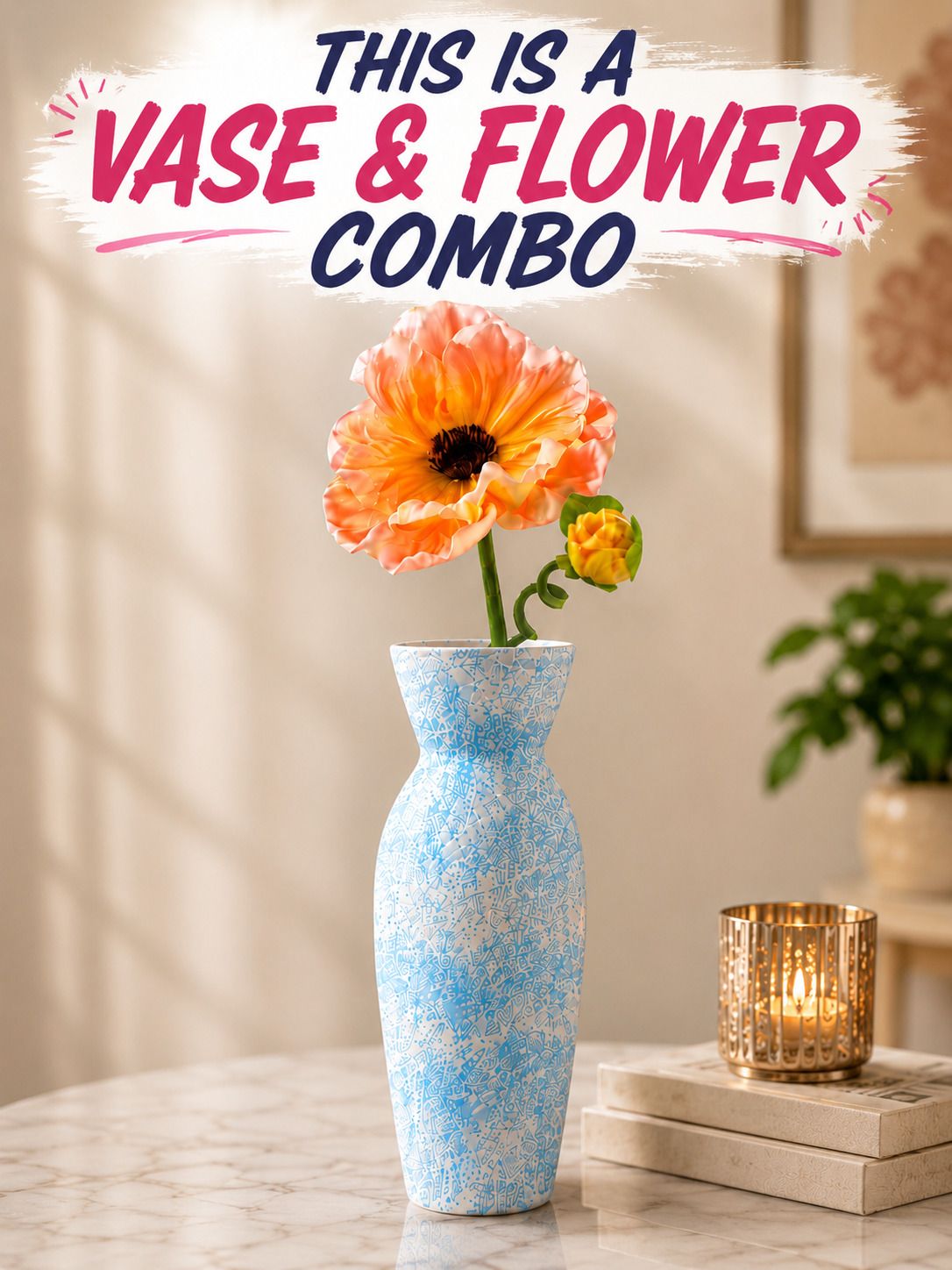 Combo: Ceramic Vase & Artificial Orange Poppy Flower Stem for Home Decoration | Blue, Orange Poppy Artificial Flower with Pot-image-6