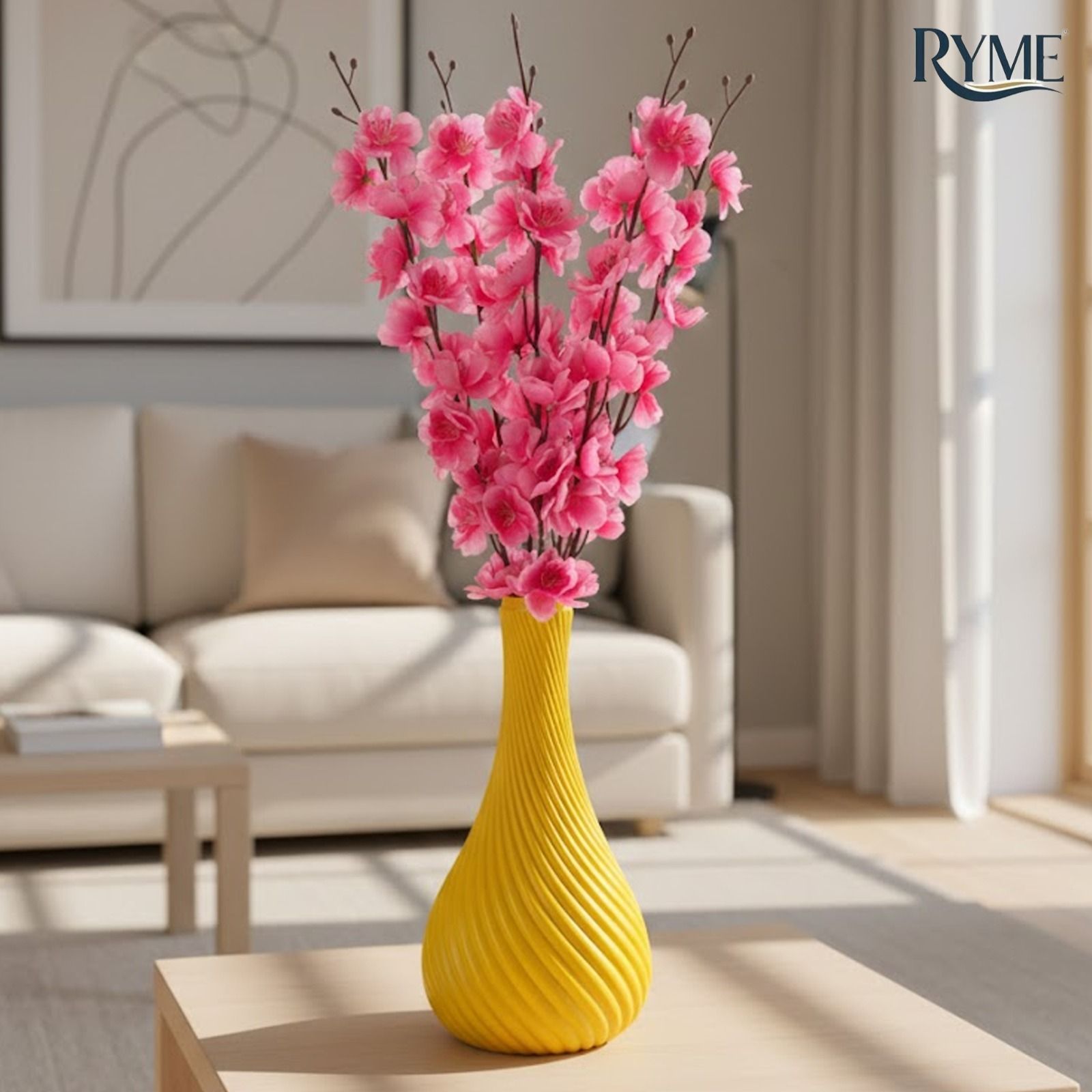 ryme Artificial Pink Blossom Flower with Designer Yellow Vase Pink Cherry Blossom Artificial Flower with Pot-picture-17