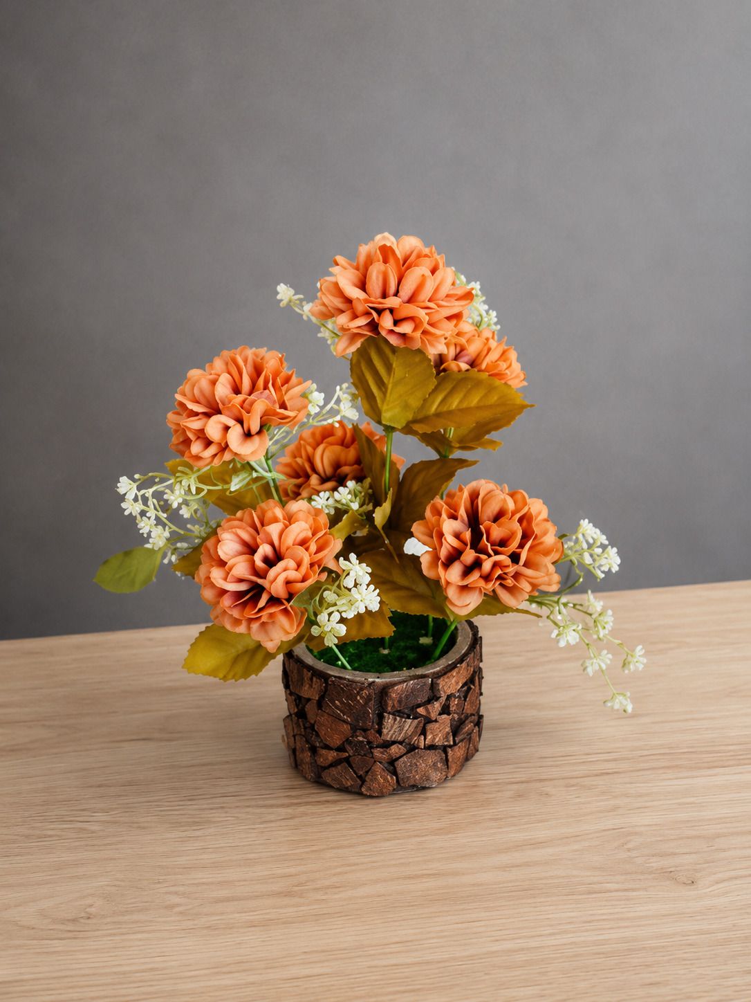 Dark Orange Artificial Ranunculus Flower Arrangement in Rustic Wooden Pot Orange Wild Flower Artificial Flower with Pot-image-7