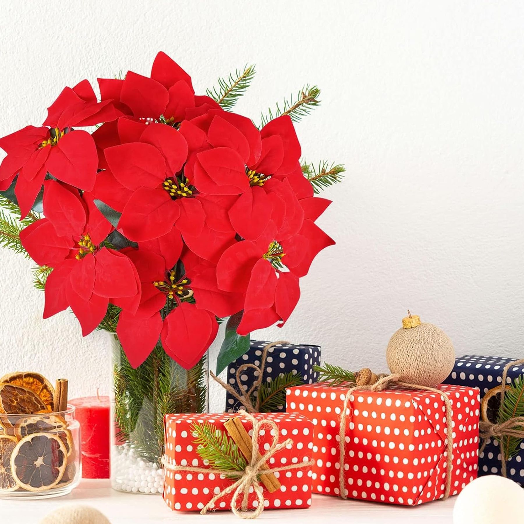 tied ribbons Christmas Tree and Home Decoration Red Poinsettia Artificial Flower-picture-39