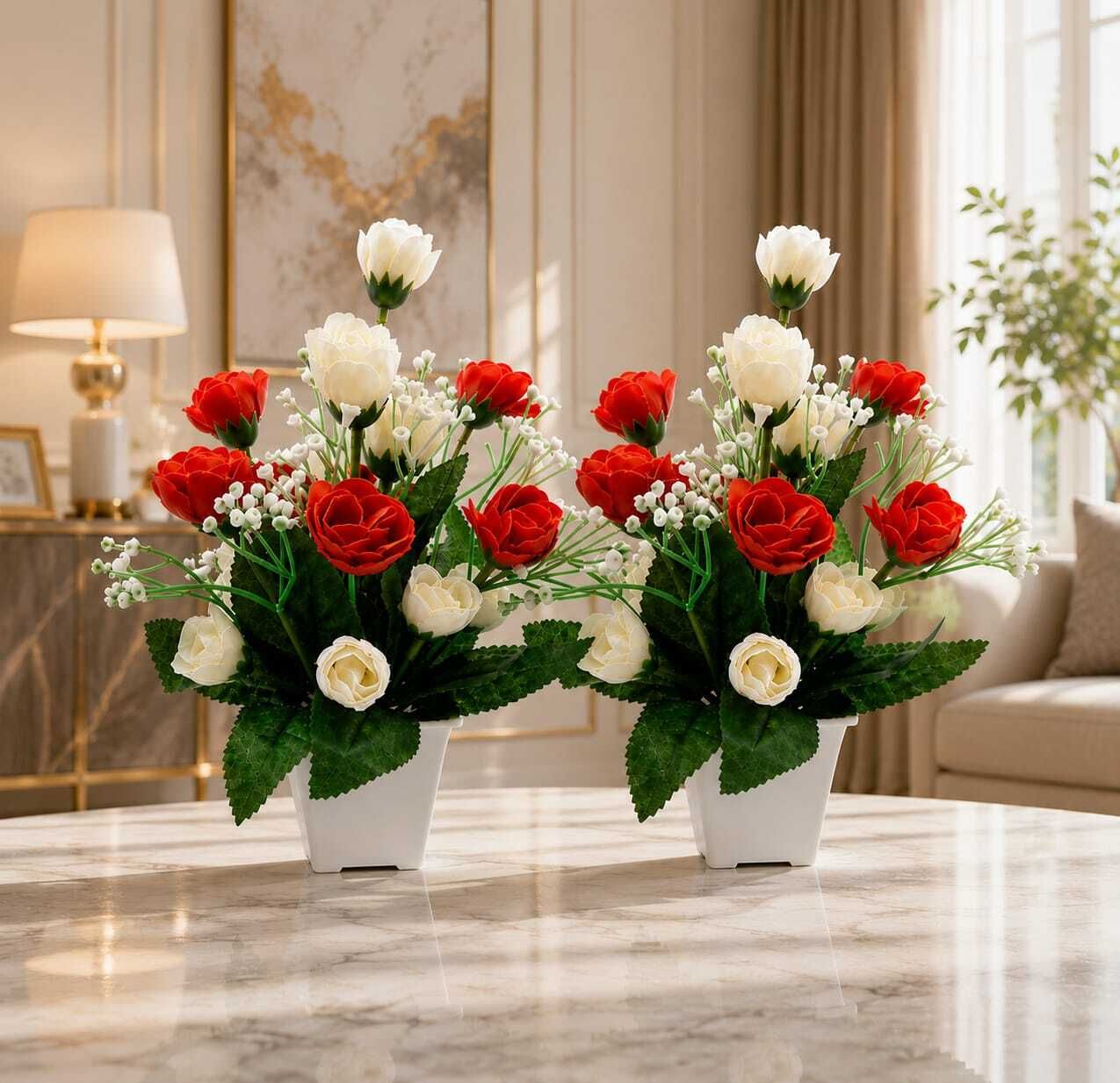Pack of 2-Artificial Red-White Gol Rose 7 Head With Square Pot Red, White Wild Flower Artificial Flower with Pot-image-28