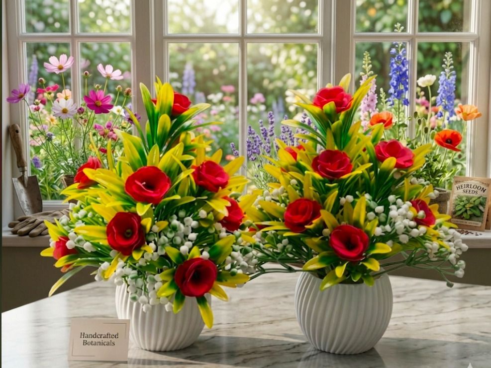 Desk Blossom Pots (Pack of 2) Red, Green Wild Flower Artificial Flower with Pot-image-49