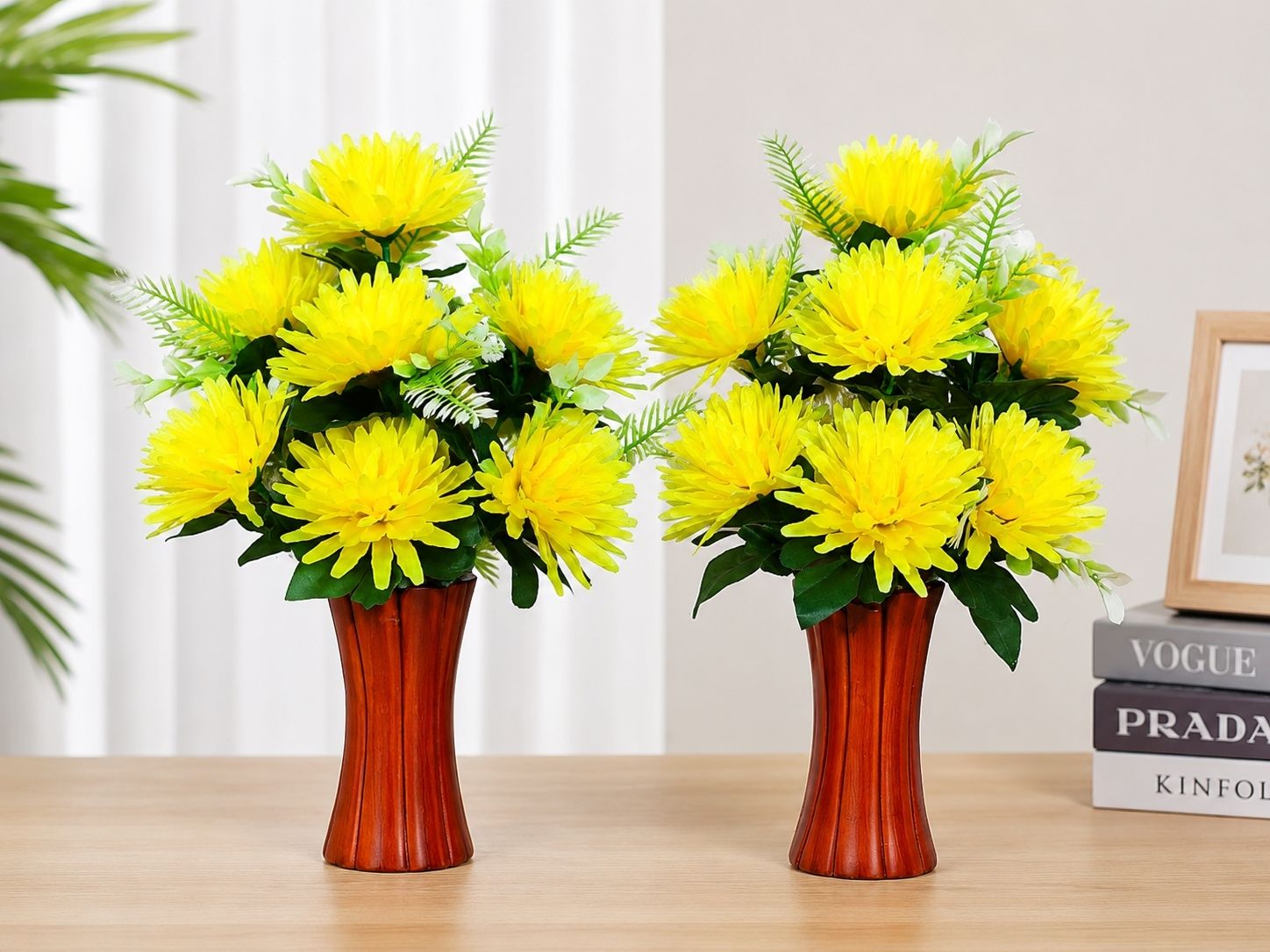 DearRsworld Realistic yellow flowers with wooden vase pack of 2 Brown, Yellow Chrysanthemum Artificial Flower with Pot-picture-24
