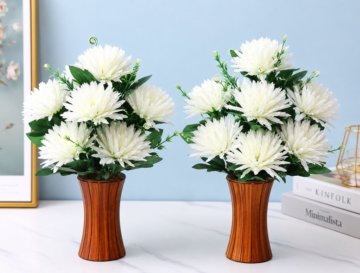 DearRsworld Realistic artificial white flower with wooden vase pack of 2 Brown, White Chrysanthemum Artificial Flower with Pot-picture-25