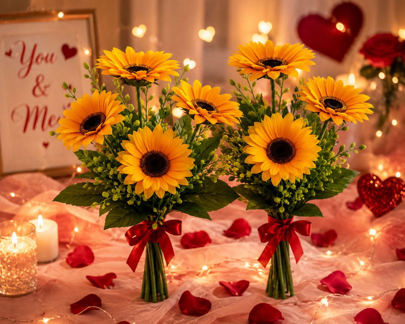 Artificial Sunflower Bouquet Set of 2 Yellow Flowers with Green Leaves Yellow Sunflower Artificial Flower-image-37