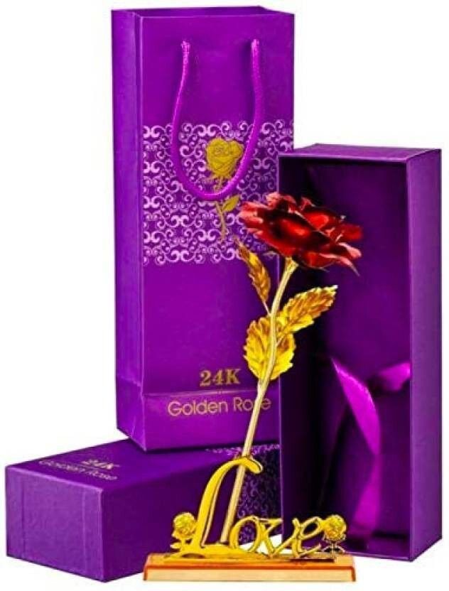 Gold Plated Artificial Red Rose with Love stand - Valentines without box Red, Gold Rose Artificial Flower-image-14