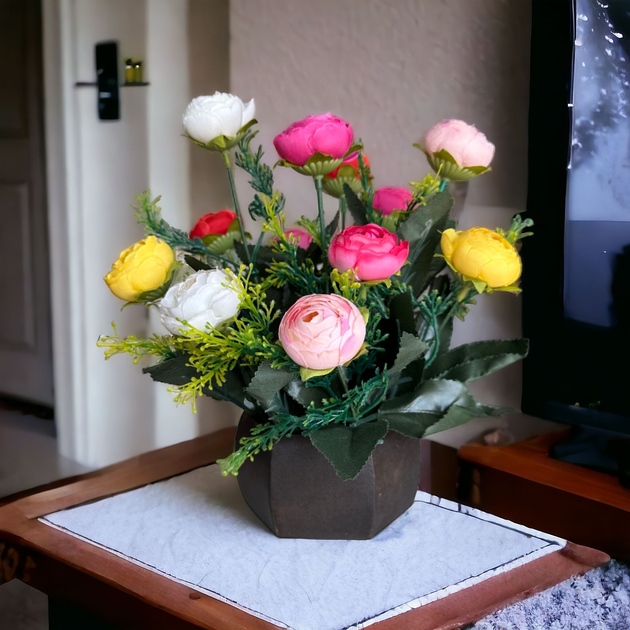 Wooden handmade Perfect Home Office Gift Elegant Décor Delight Multicolor Peach Blossom Artificial Flowerwith Pot