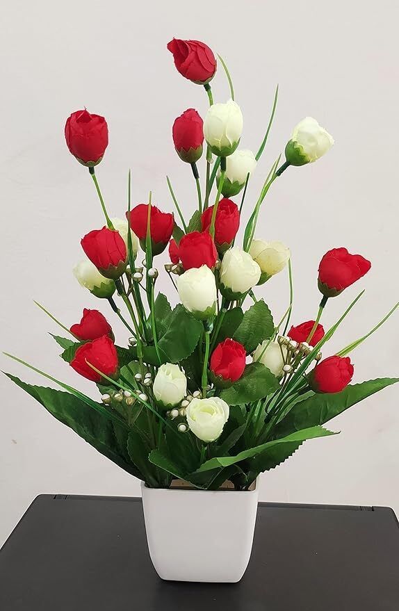 Red, White Rose Artificial Flower with Pot-image-28