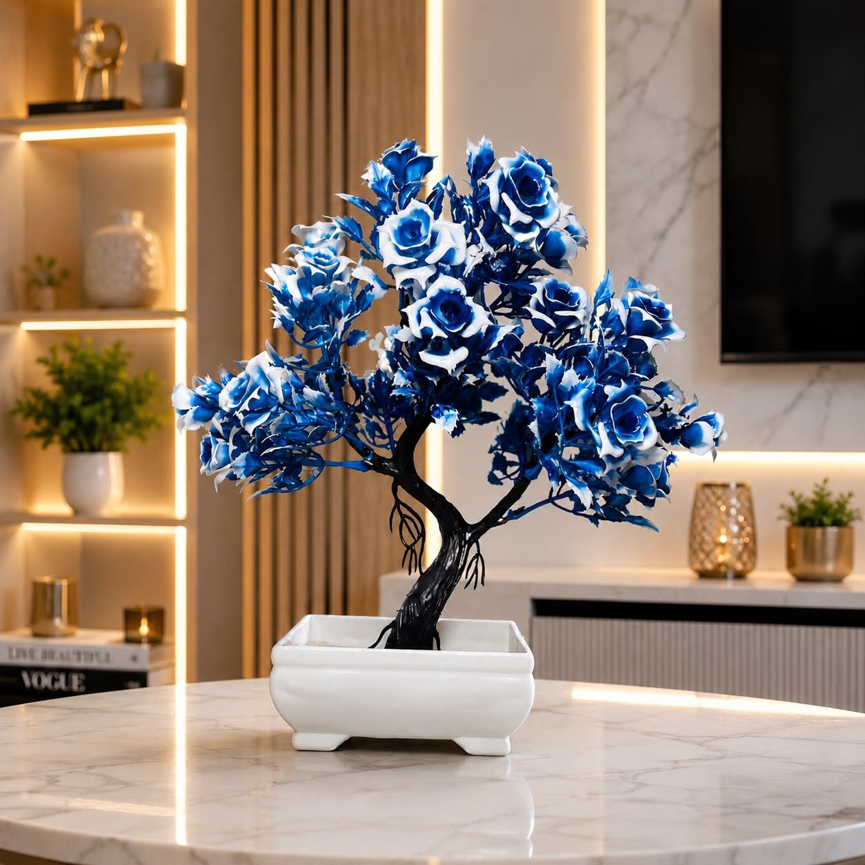 Blue, White Camellia Rose, Rose Artificial Flower with Pot-image-27