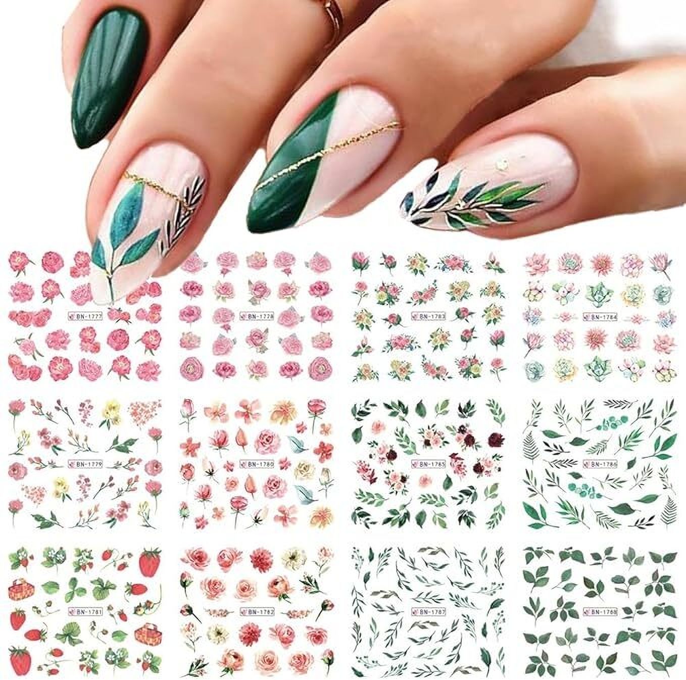 roodiles 12 Sheets Nail Art 3D Stickers | Self-Adhesive Nail Design for DIY Decoration-picture-32