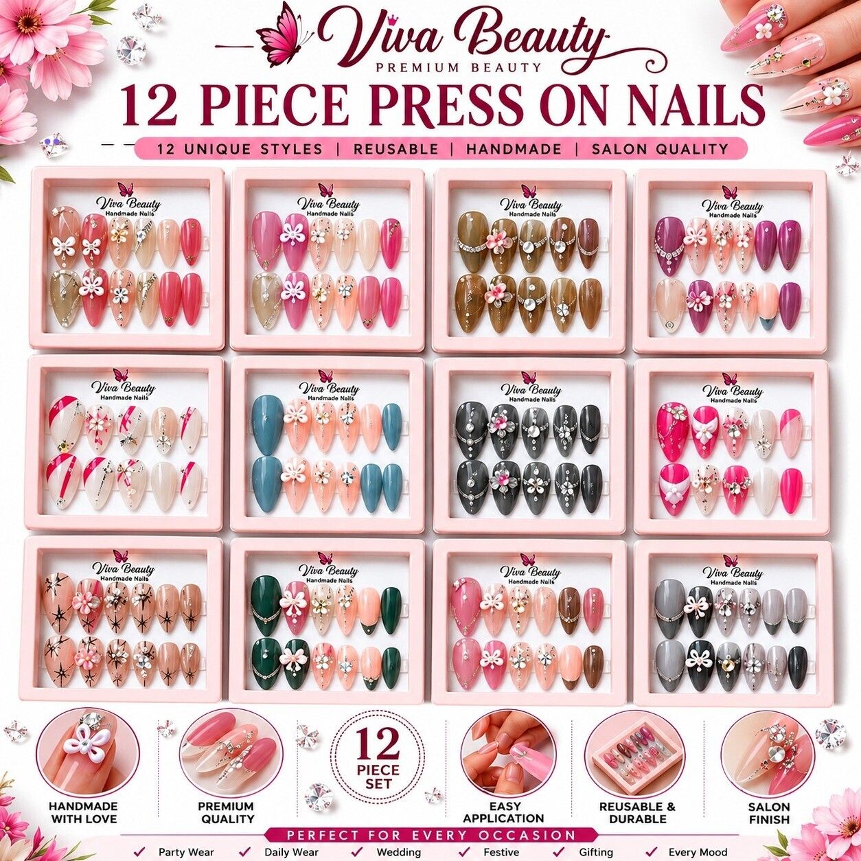 viva beauty Reusable Artificial Nail Tips Set for Women with Salon Finish multicolor-picture-31