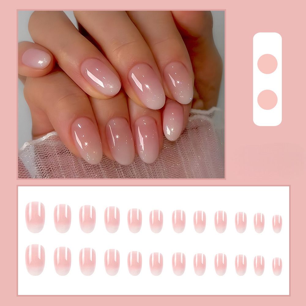 Oval Shaped Gradient Pink Artificial Reusable Nails Press On Nails with Glue Pink-image-21