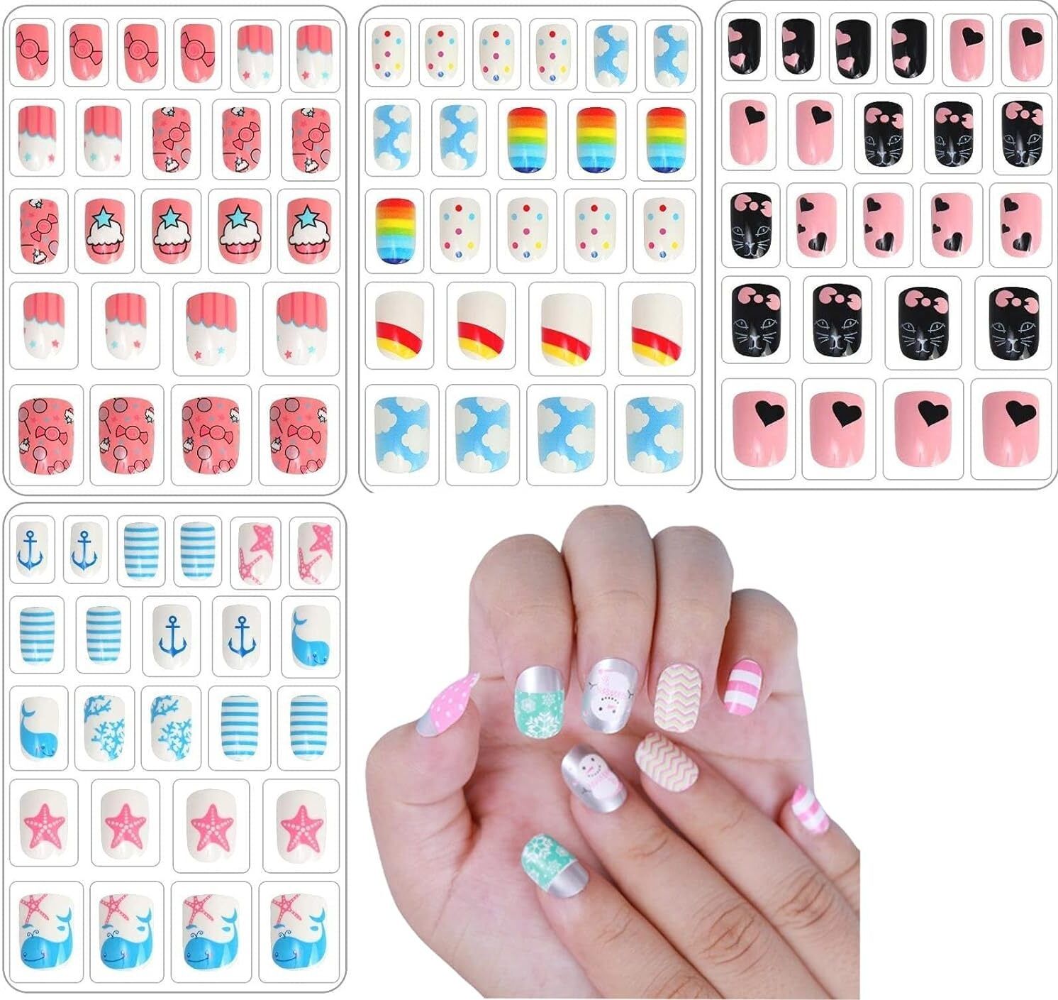 Kids Stick on Nails, Kids False Nails Cartoon Press on Fake Nail Tip.-image-49