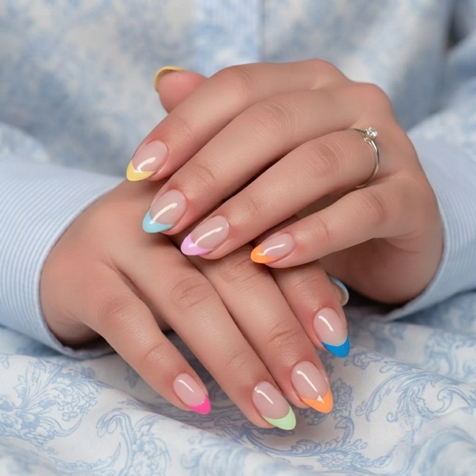 thevinegirl Trendy Pastel French Tip Almond Nail Set with Multicolor Design for Women/Girl Multicolor-picture-46
