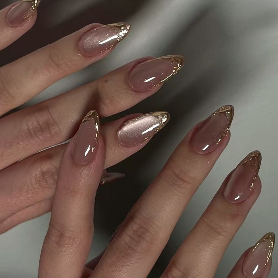 the violet tag Luxury Cat Eye Almond Nails with Gold french Tip | Press on nails Gold-picture-13