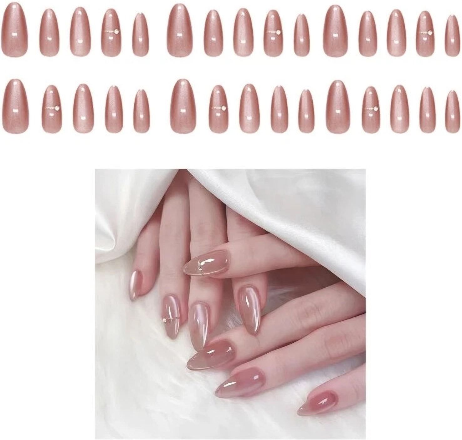 vembley Glossy Nude Cat Eye Press-On Nails – Elegant Natural Look Artificial Nails Set Nude-picture-31