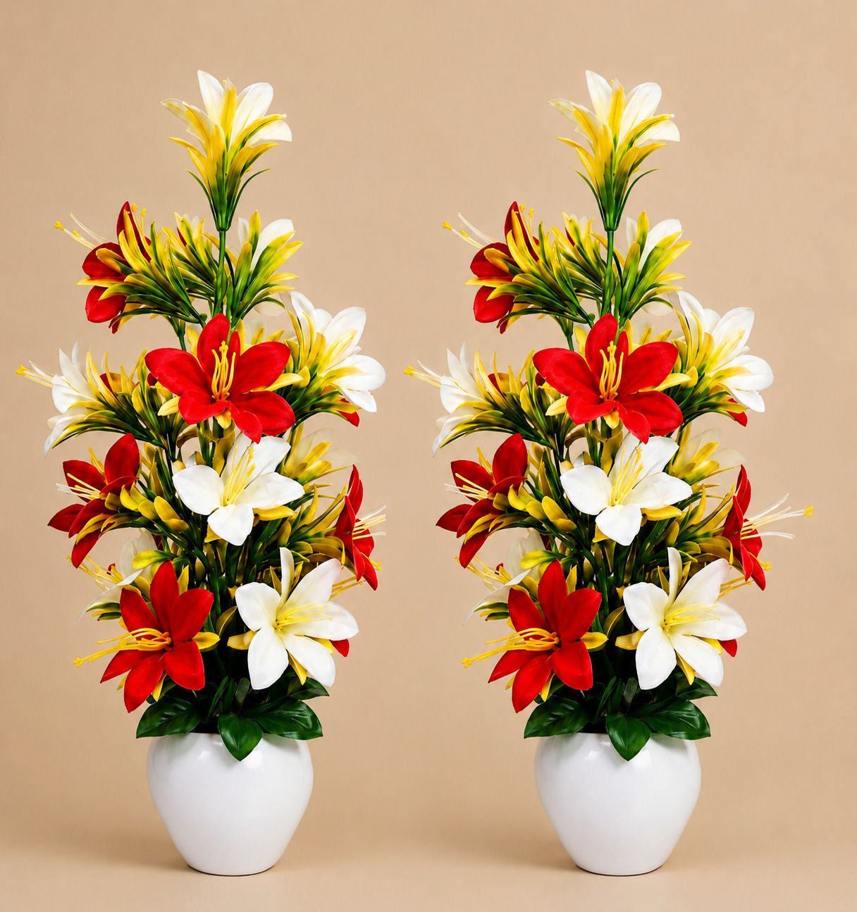 Artificial Red & White Lily Flower Apple Pot Pack of 2 for Home & Office Decor Bonsai Wild Artificial Plant with Pot-image-20