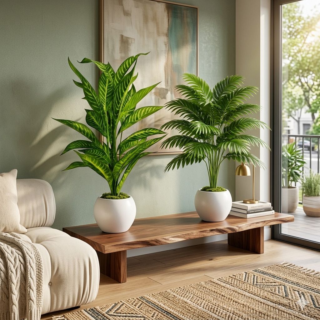 SET OF 2 DIEFFENBANCHIA AND PALM PLANTS FOR HOME DECOR WITH WHITE POTS Artificial Plant with Pot-image-48