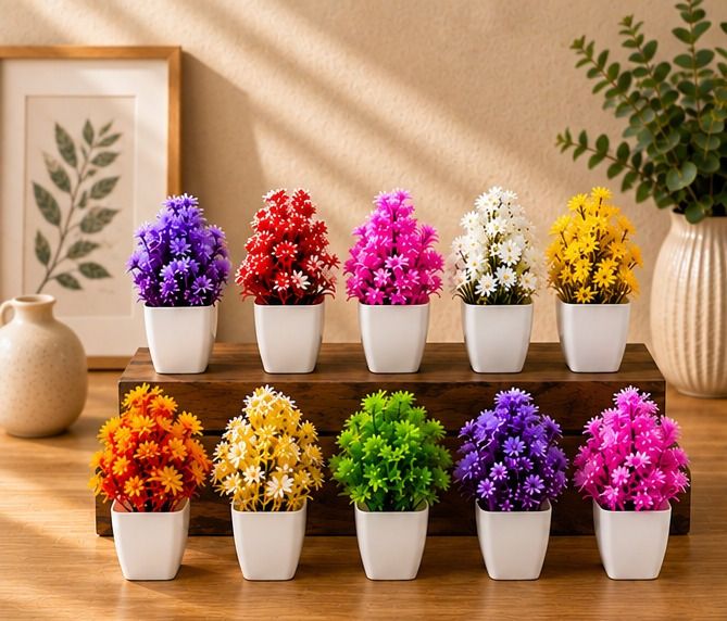 st enterprises 10 Piece Artificial Plant Combo with White Pots for Decor Bonsai Artificial Plant with Pot-image-6