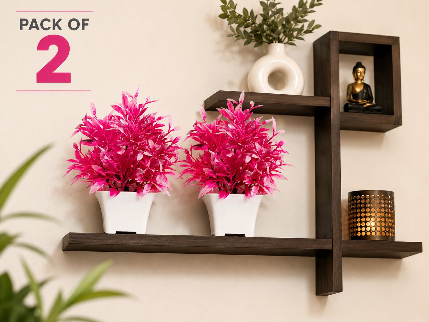 Pack of 2 pink decorative fake plants with durable white pot for home decoration Bonsai Wild Artificial Plant with Pot-image-24