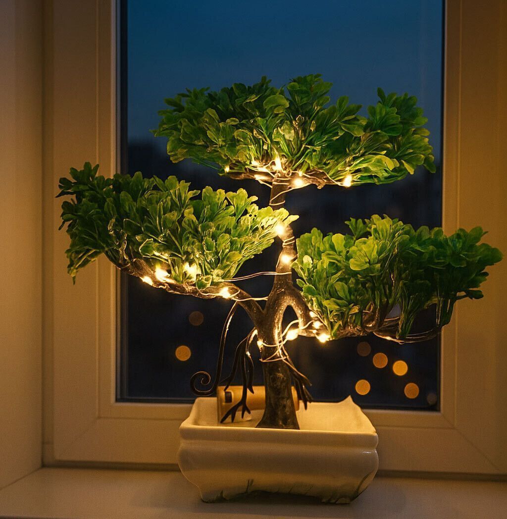 LED Artificial Bonsai Tree for Home and Office Décor, Faux Green Plant, Fake Bonsai Wild Artificial Plant with Pot