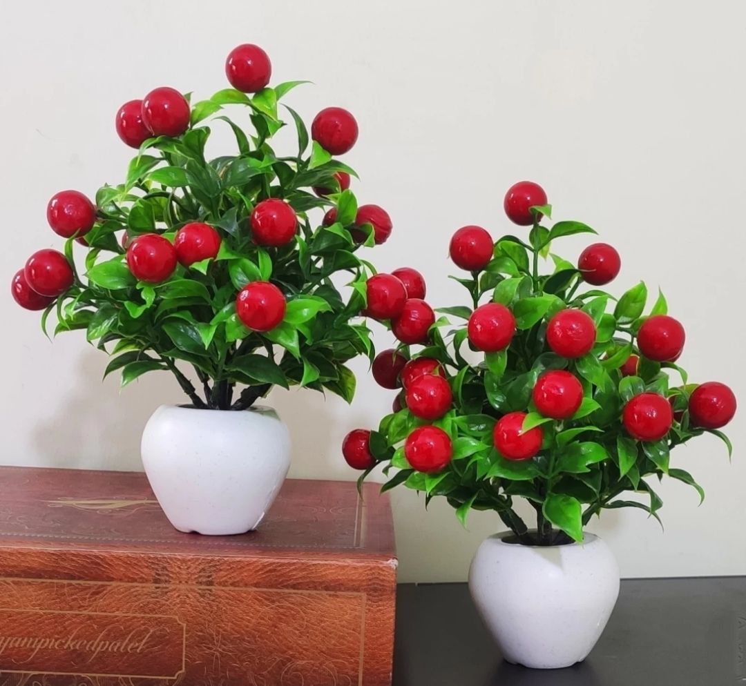Artificial Red cherry plant with green soft leaf attached into a white heavy plastic pot, wild plant, green plant for home decoration office table decoration (length 15cm, Red, pack of 2) well made and vibrant color...:) Artificial Plant with Pot (15 cm, Multicolor, Red, Green)Set of 2 Red Cherry Table Flower top for home shop office decoration gift. Bonsai Artificial Plant with Pot