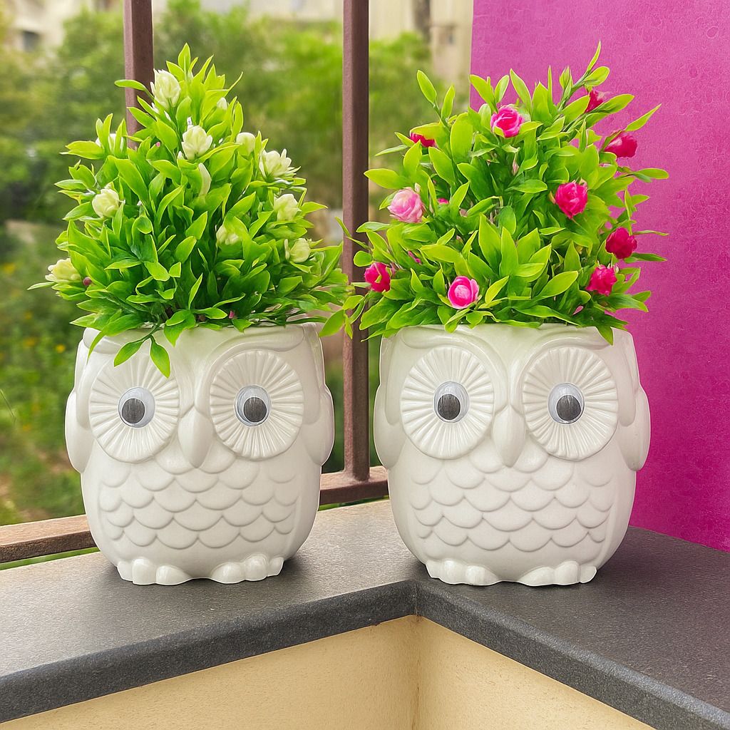 Indoor faux flower plant with cute owl shape pot for home décor, tabletop small Bonsai Wild Artificial Plant with Pot-image-6