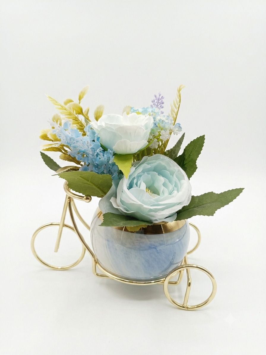 Pastel Blue Artificial Flower Vase with Decorative Metal Cycle Stand (17 cm) Artificial Plant with Pot-image-43