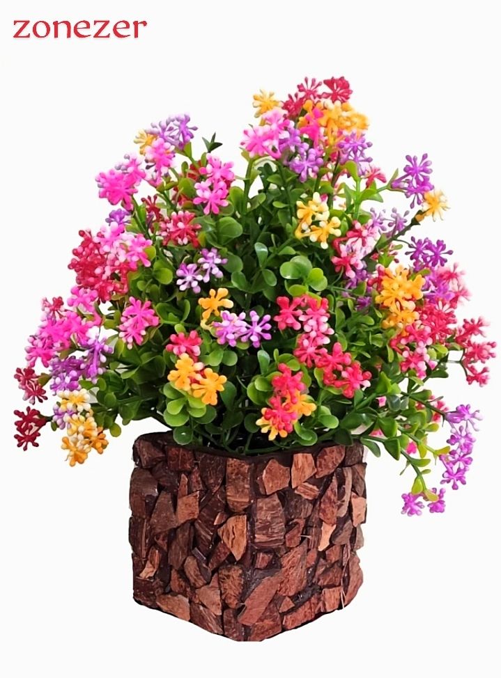 Multicolor flower Plant with Stylish Coconut Brown Pot Bonsai Wild Artificial Plant with Pot-image-19
