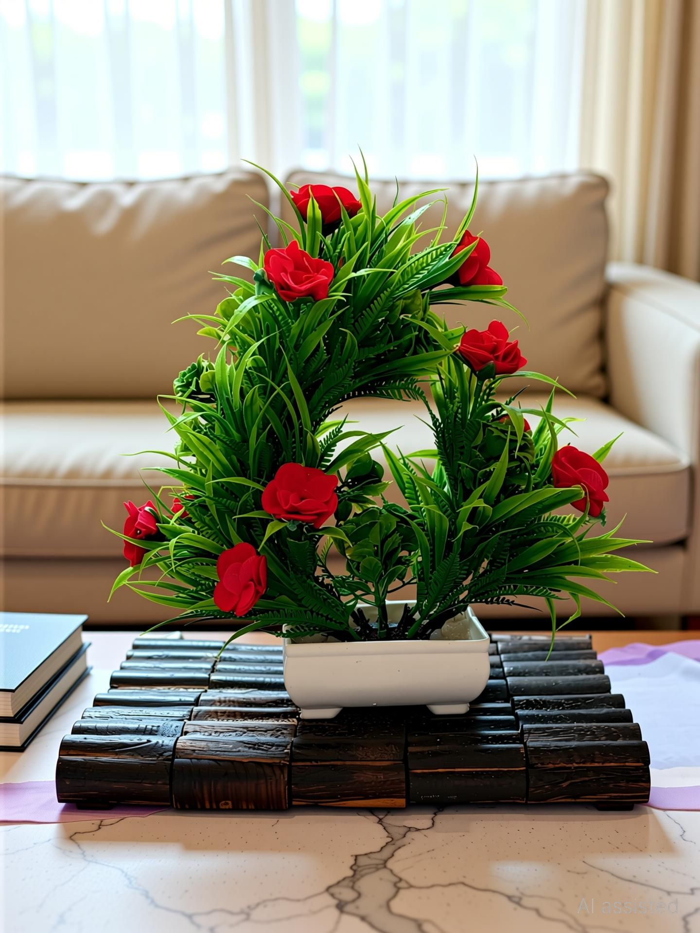 Beautiful Bonsai Artificial Plant and Red flowers with multicolour Stones(27cm) Bonsai Wild Artificial Plant with Pot-image-29