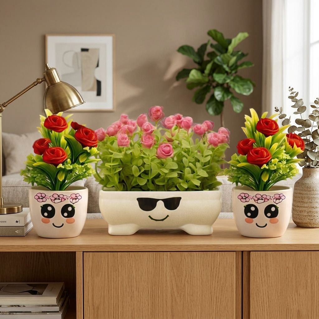 Artificial Flower Pot , Cute Face Plant , Mini Fake Plant , Room & Home Décor Multicolor Wild Flower Artificial Flower with Pot-image-40