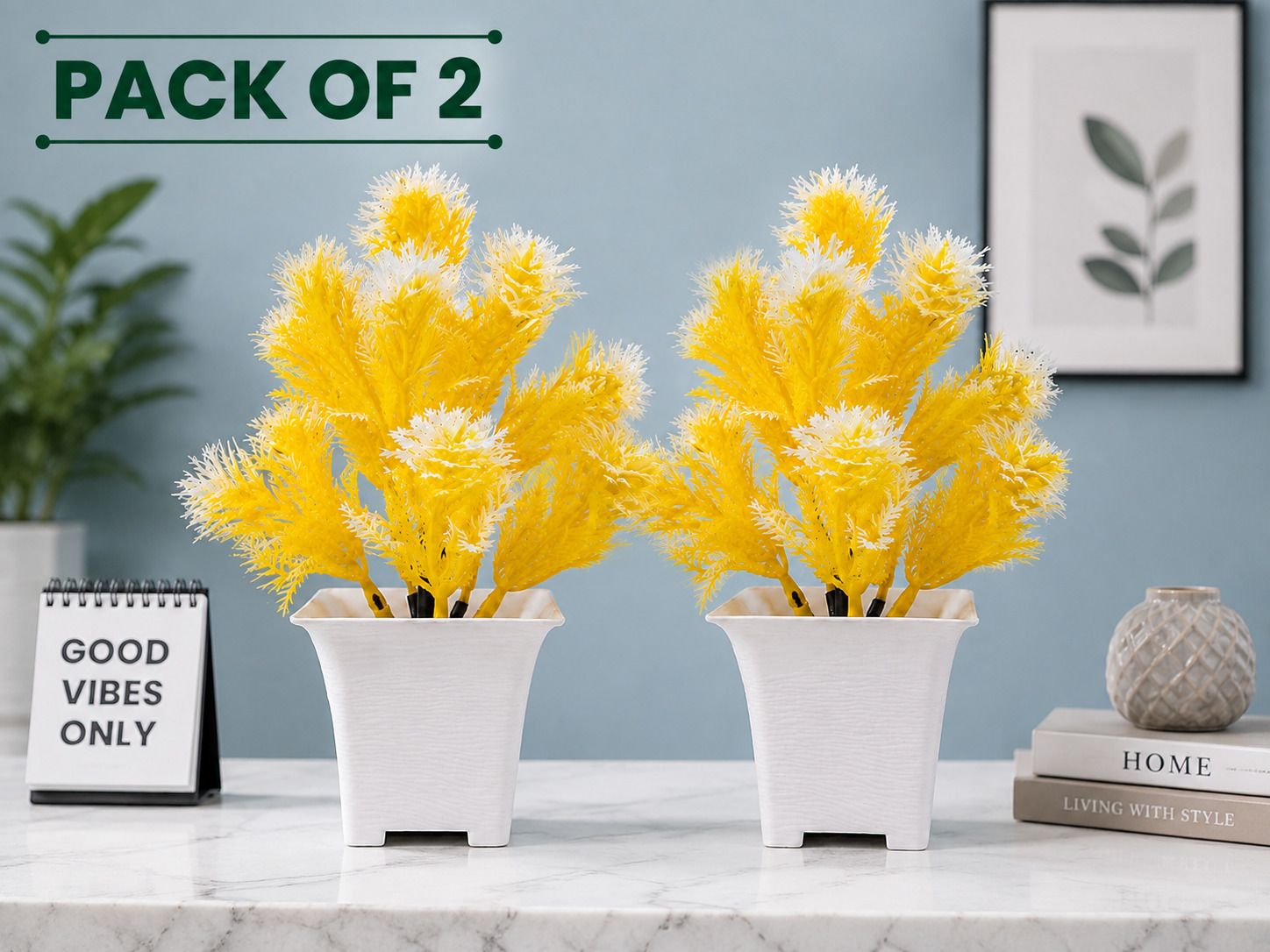 artificial tabletop plants set of 2 small yellow plastic greenery Bonsai Wild Artificial Plant with Pot-image-32