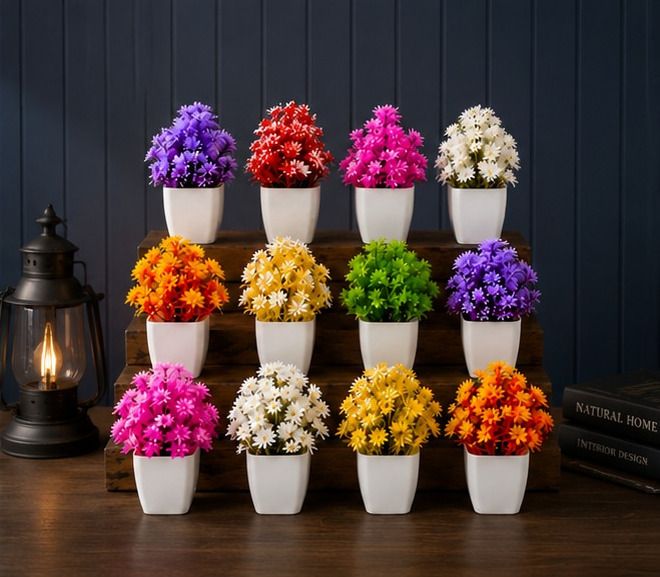 Premium Artificial Flower Pots with White Pots – Set of 12 Bonsai Wild Artificial Plant with Pot-image-43