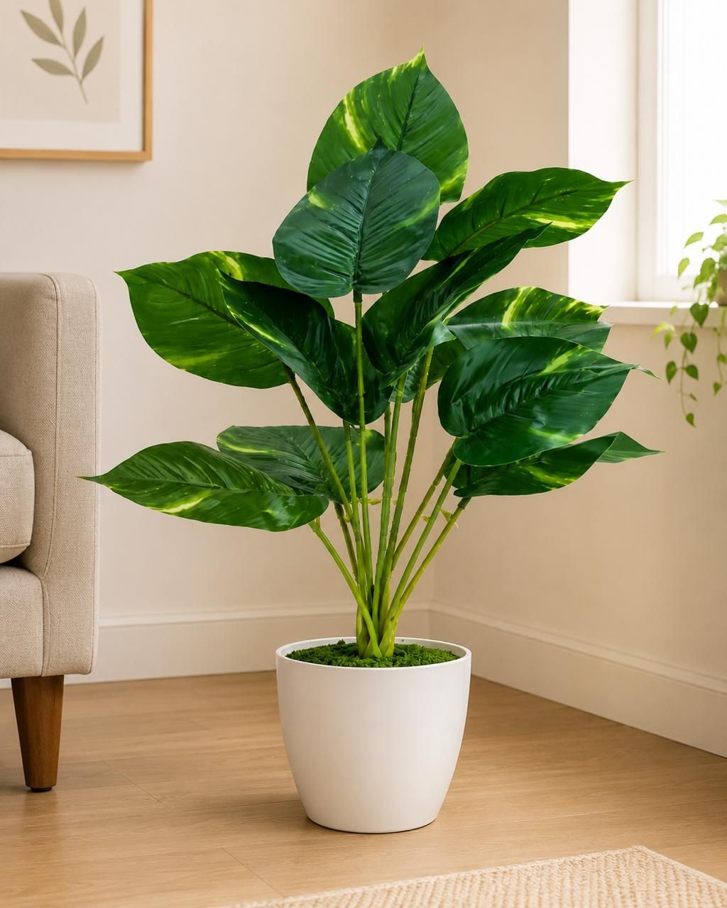 Plastic Artificial Palm Plants 12 Leaves with Whitepot Bonsai Artificial Plant with Pot-image-3