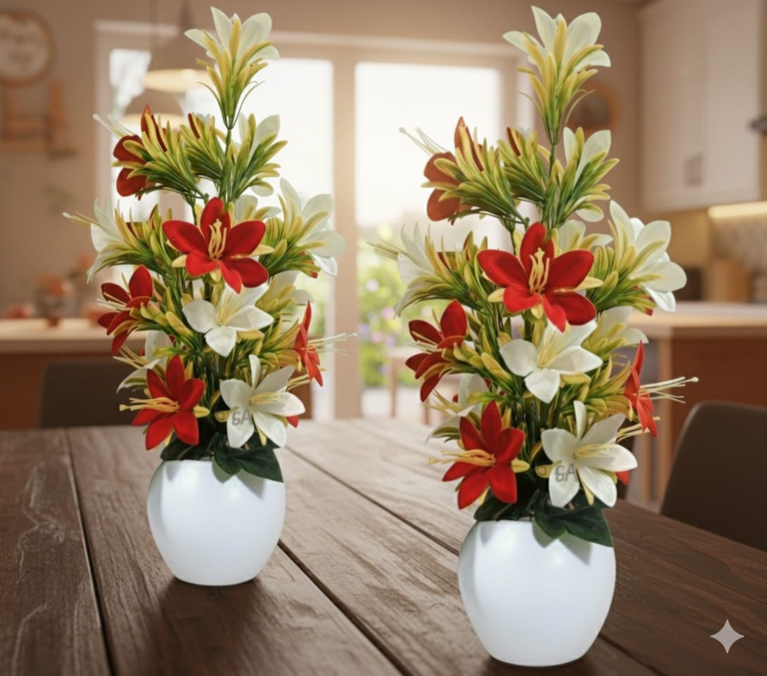 Artificial Red & White Lily Flowers Apple Pot (Pack of 2) for Decoration Bonsai Wild Artificial Plant with Pot-image-43