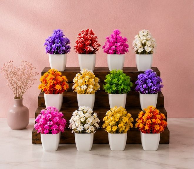 litoria Artificial Daisy Flower Pots Set – Pack of 12 Multicolor Mini Plants Bonsai Wild Artificial Plant with Pot-picture-17