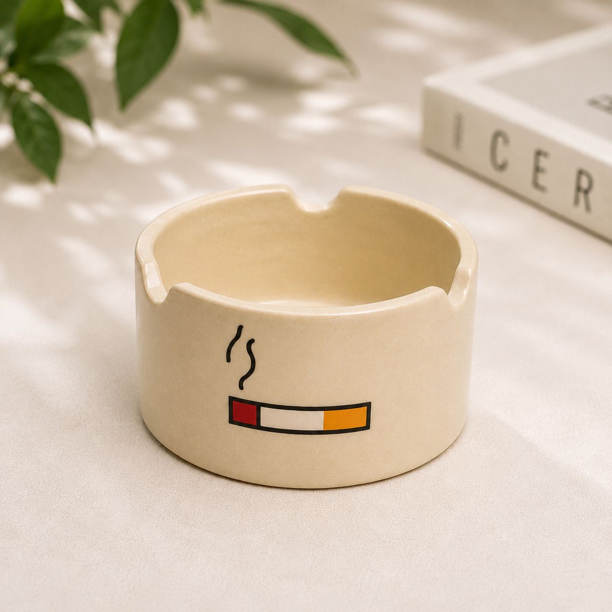Ash tray (Ceramic) | Excellent Gift for Smokers | Quirky Design Beige, Yellow, Red Ceramic Ashtray-image-1