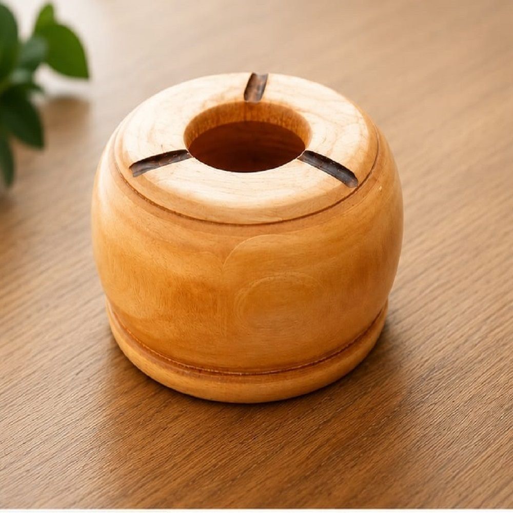 Natural Wooden Ashtray | Handmade Round Ash Tray | 3 Cigarette Rest Design Brown Wool Ashtray-image-22