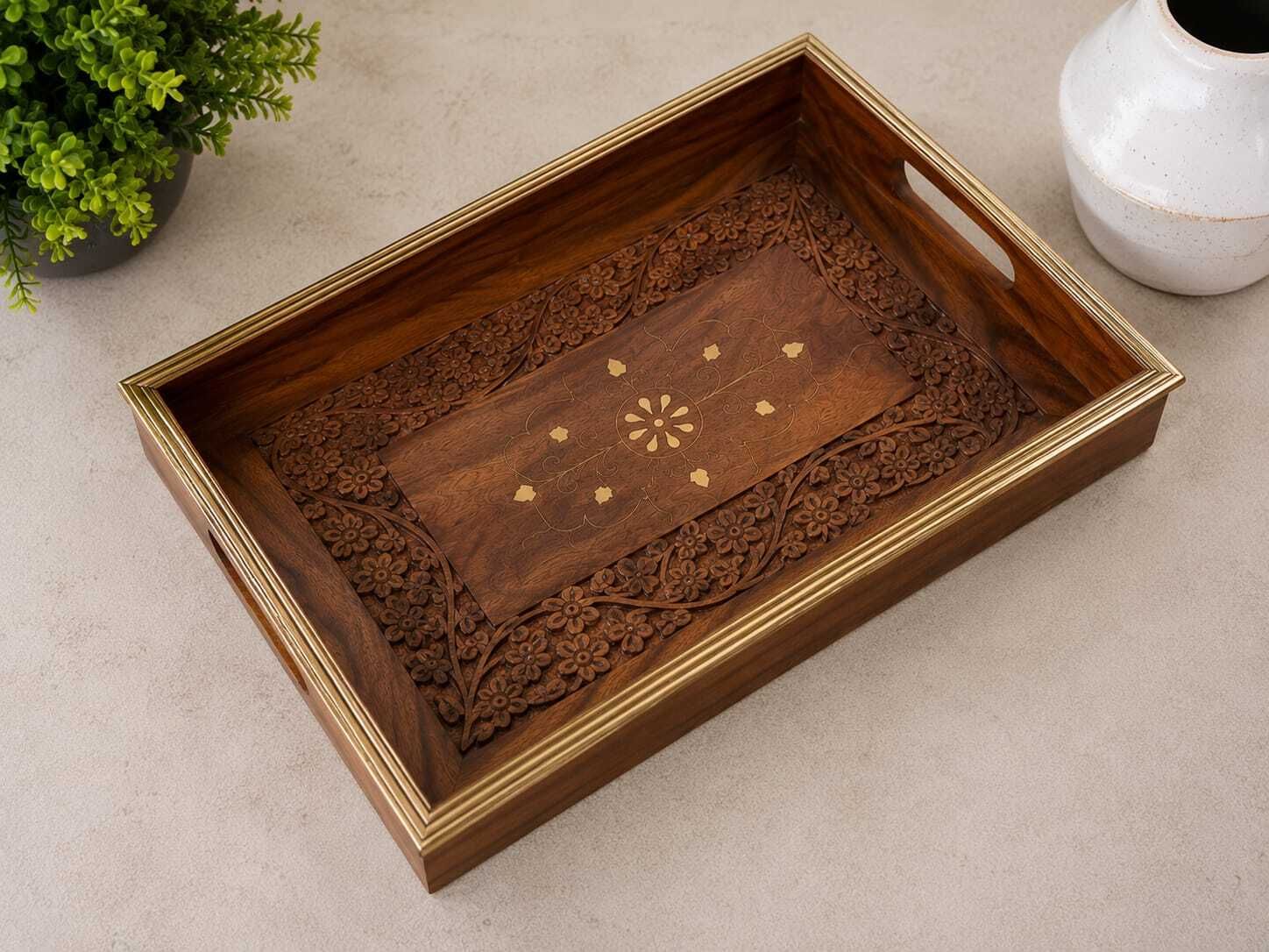Designer Wooden Serving Tray with Intricate Floral Carving Brown Wood Ashtray-image-14