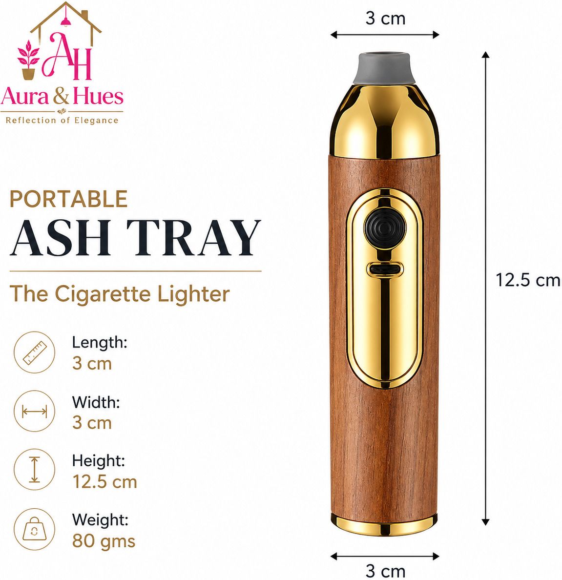 Portable Pocket Rechargeable Cigarette Ash Tray Built in Lighter Brown, Gold Wood, Gold Plated Ashtray-image-1