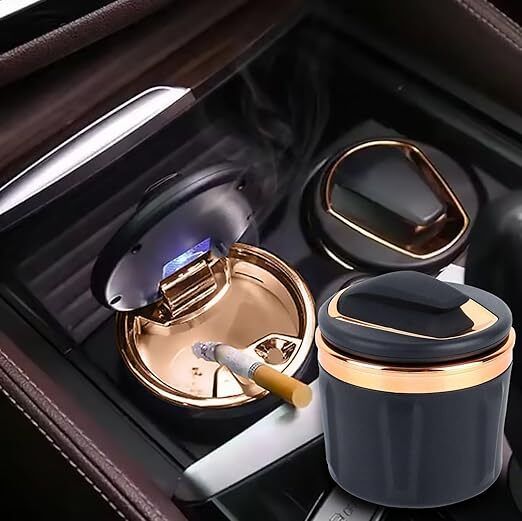 Car Ash Tray|ABS Material|LED Light|Scratch Free & Fire Resistant|Pack of 1 Black, Gold Ceramic, Plastic Ashtray