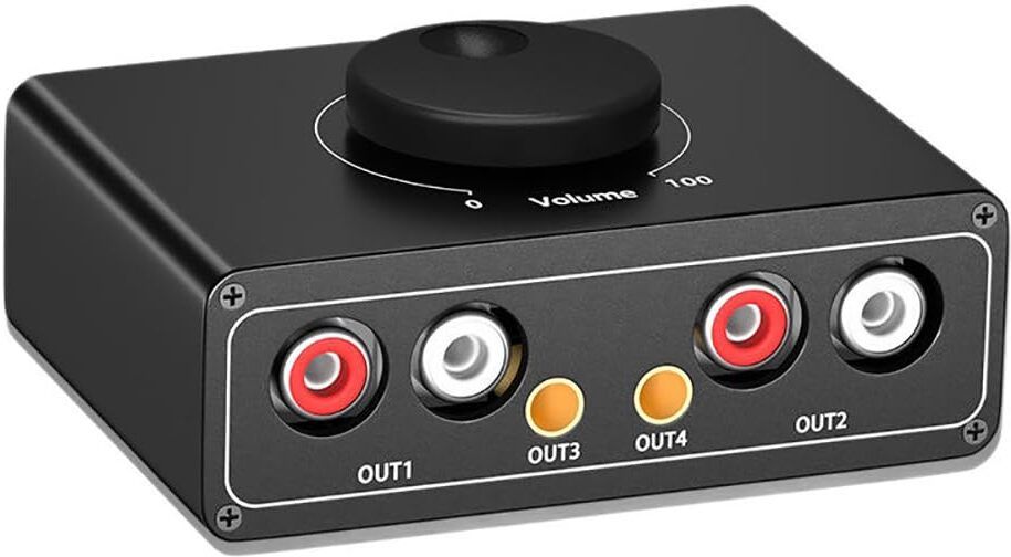 Audio Splitter with Volume Control Knob, RCA and 3.5mm Ports, 4 Outputs Audio Interface-image-1