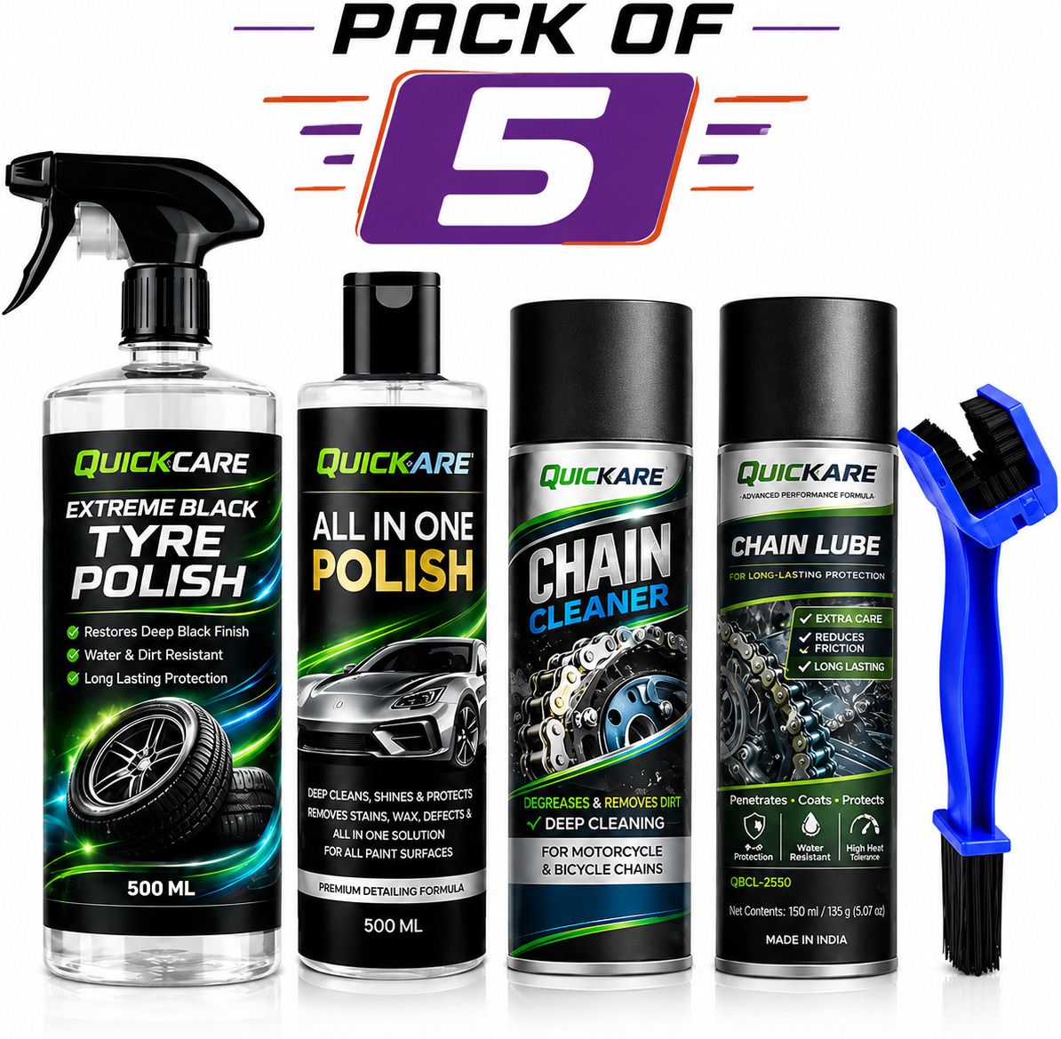 quickare 1 Chain Cleaner, 1 Tyre polish, 1 Chain Lube, 1 All in One POlish, 1 Cleaning Brush Combo-picture-21