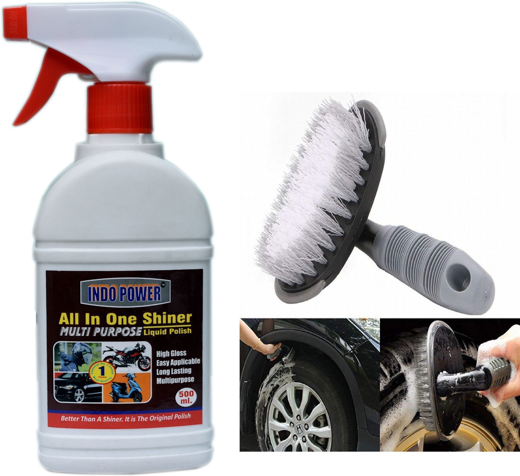 indopower ALL IN ONE SHINER SPRAY 500ml.+All Tyre Cleaning Brush Combo-picture-25