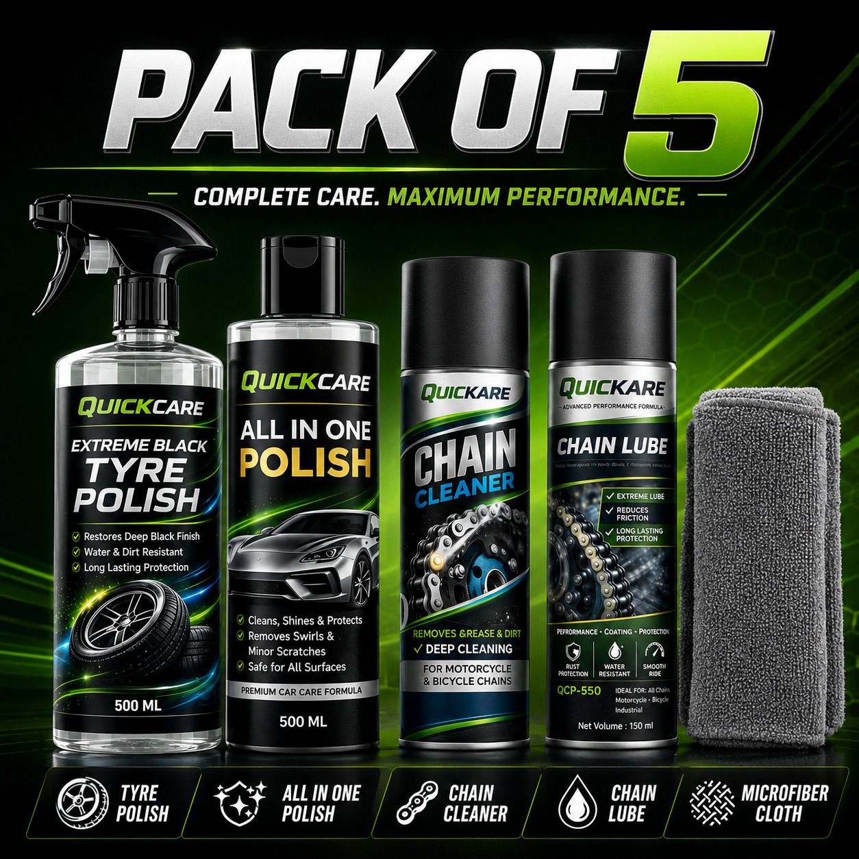 quickare 1 Chain Cleaner, 1 Tyre polish, 1 Chain Lube, 1 All in One POlish, 1 Cleaning Brush Combo-picture-22
