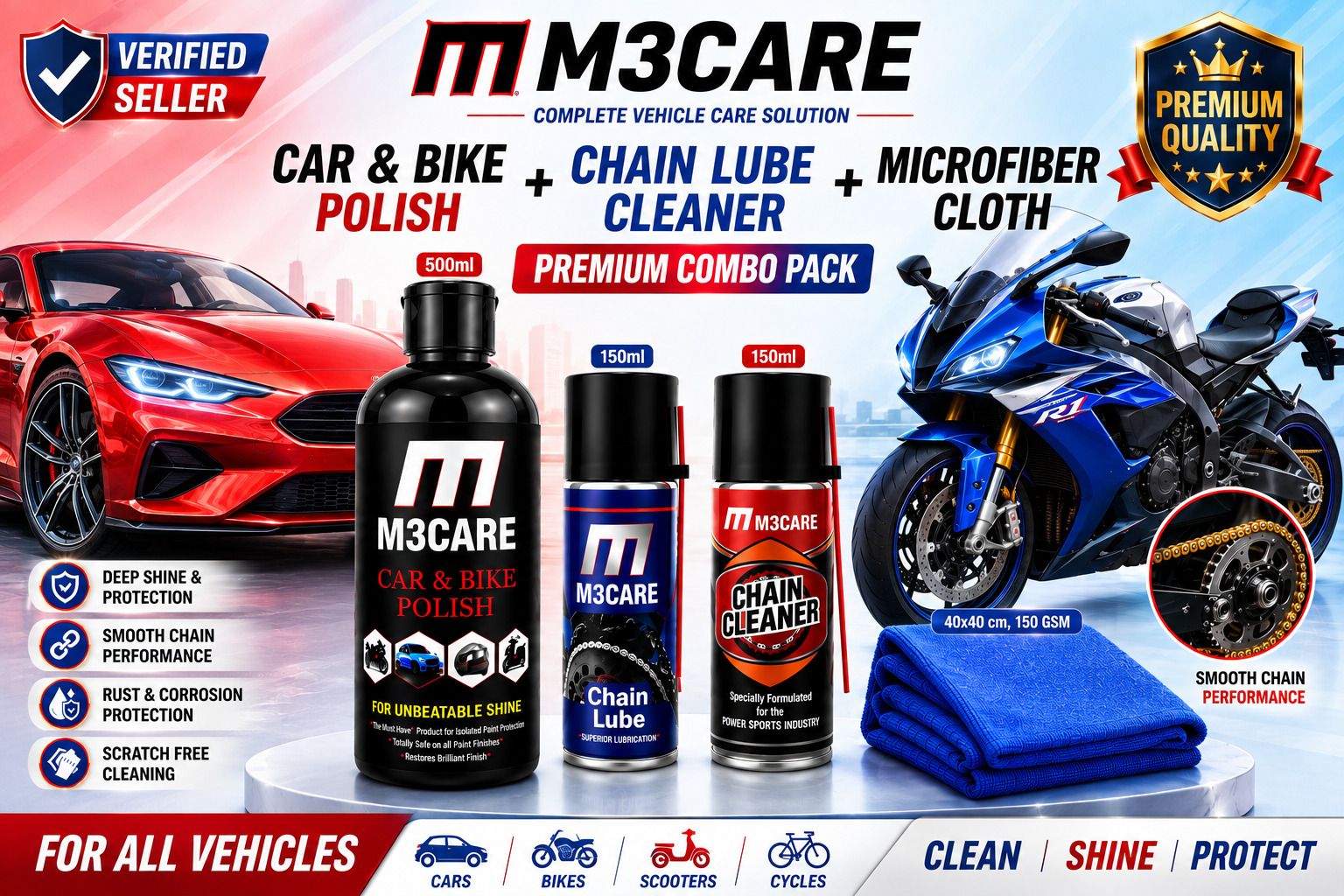 m3care CAR POLISH, CHAIN LUBE, CHAIN CLEANER, MICROFIBER CLOTH Combo-picture-43
