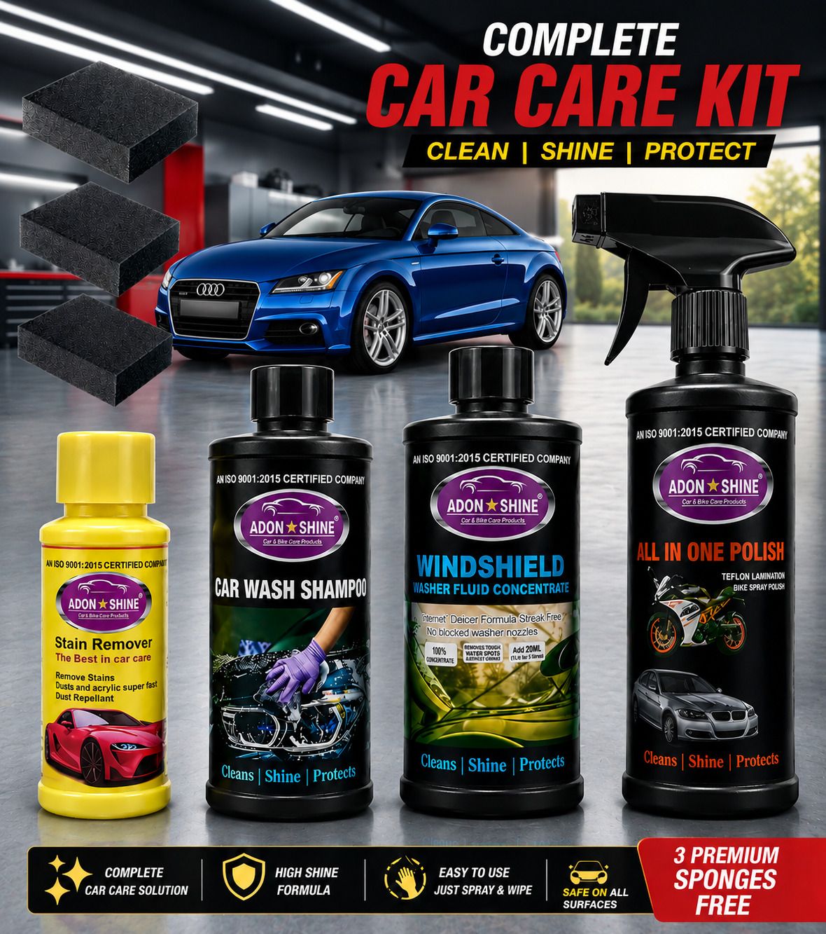 adon shine WINSHILD WASHAR, CAR WASH SAMPOO, ALL IN ONE POLISH, 3 SPONGE, 850 ML Combo-picture-18